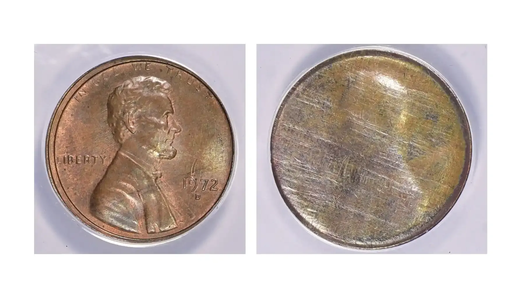 A picture of a 1972-D Lincoln Cent with a split after strike, featuring a finned rim and weighing 1.43 grams, showing an uneven edge and a distorted design.