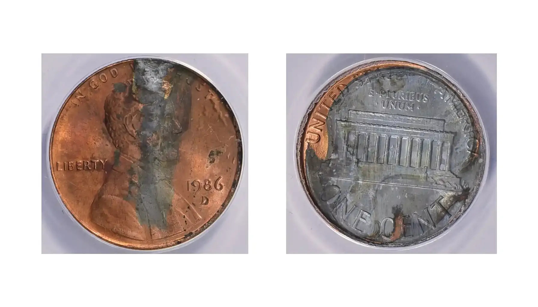 A picture of a 1986-D Lincoln Cent with partially missing plating, revealing the underlying copper core and showing areas where the surface coating is absent.