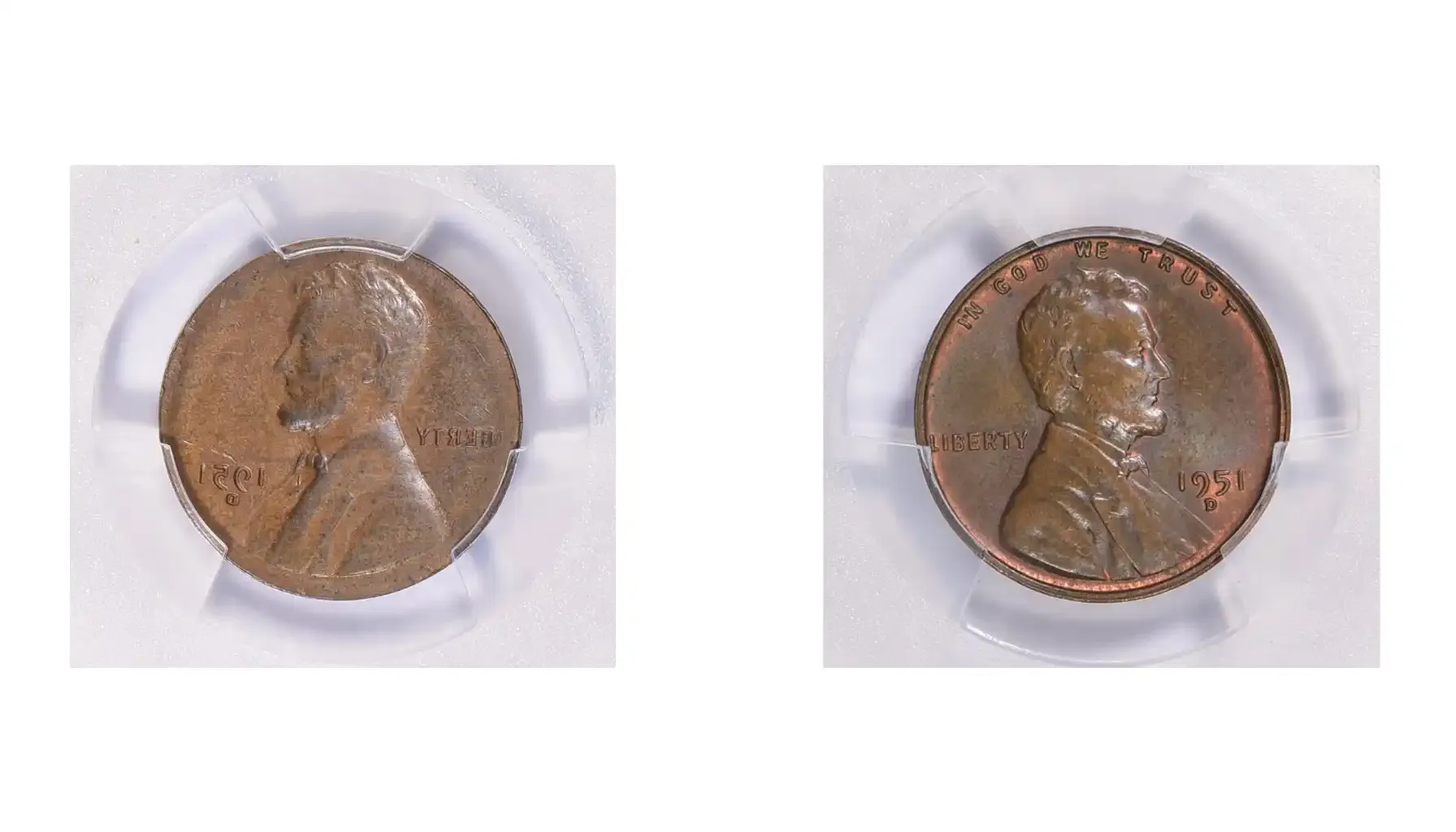 A picture of a 1951-D Lincoln Cent with an obverse full mirror brockage, displaying a mirrored, incuse image of the design.