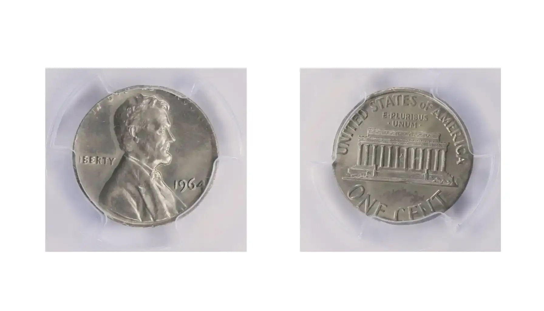 A picture of a 1964 Lincoln Cent struck on a clad 10 cents transitional planchet blank, showing its silver-like color and thinner composition.