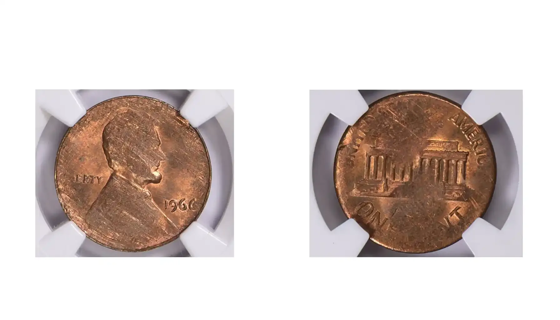 A picture of a 1966 Lincoln Cent on a split planchet before strike, showing a thin, cracked metal piece with a partially incomplete design.