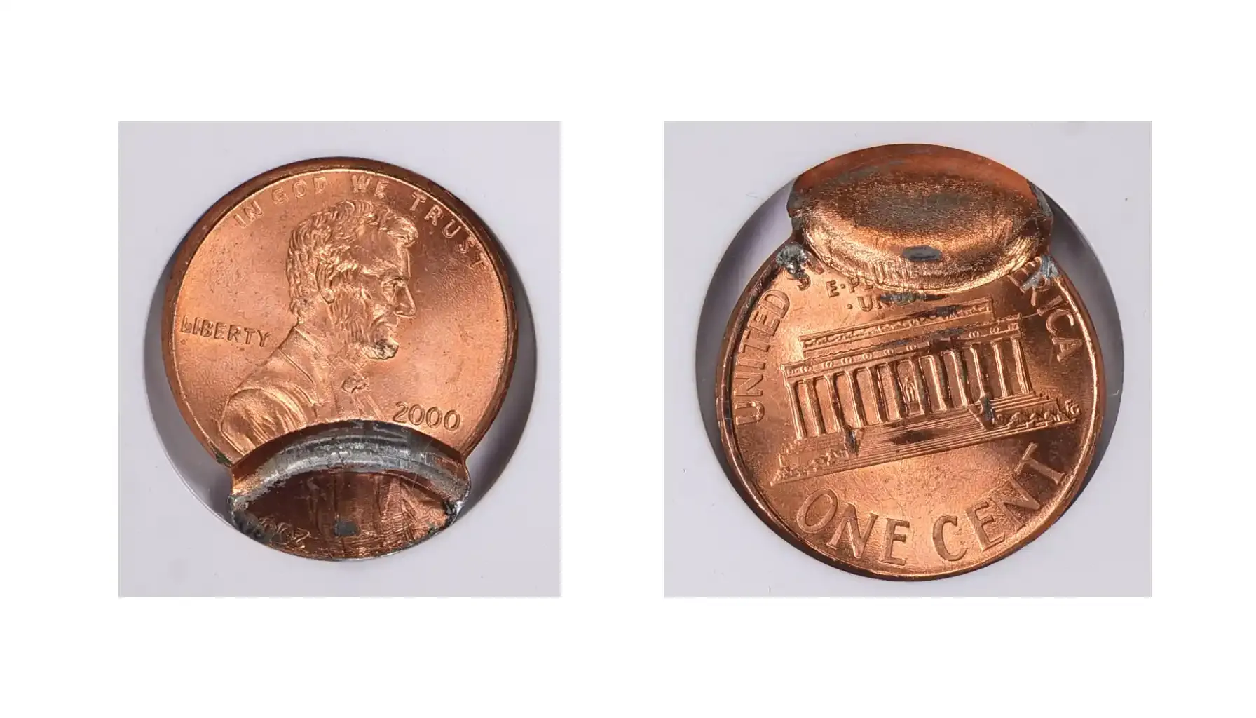  A picture of a 2000 Lincoln Cent double struck, showing an overlapping design with a slight shift.