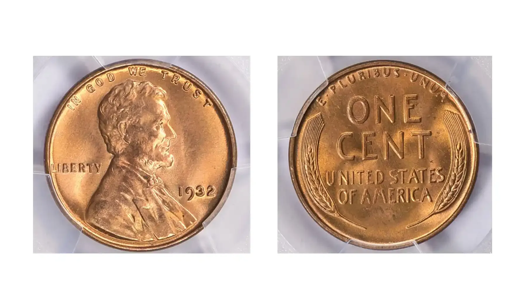 A picture of a 1932 Lincoln Cent graded PCGS MS-67, displaying exceptional detail and lustrous surfaces with sharp features and no visible wear.