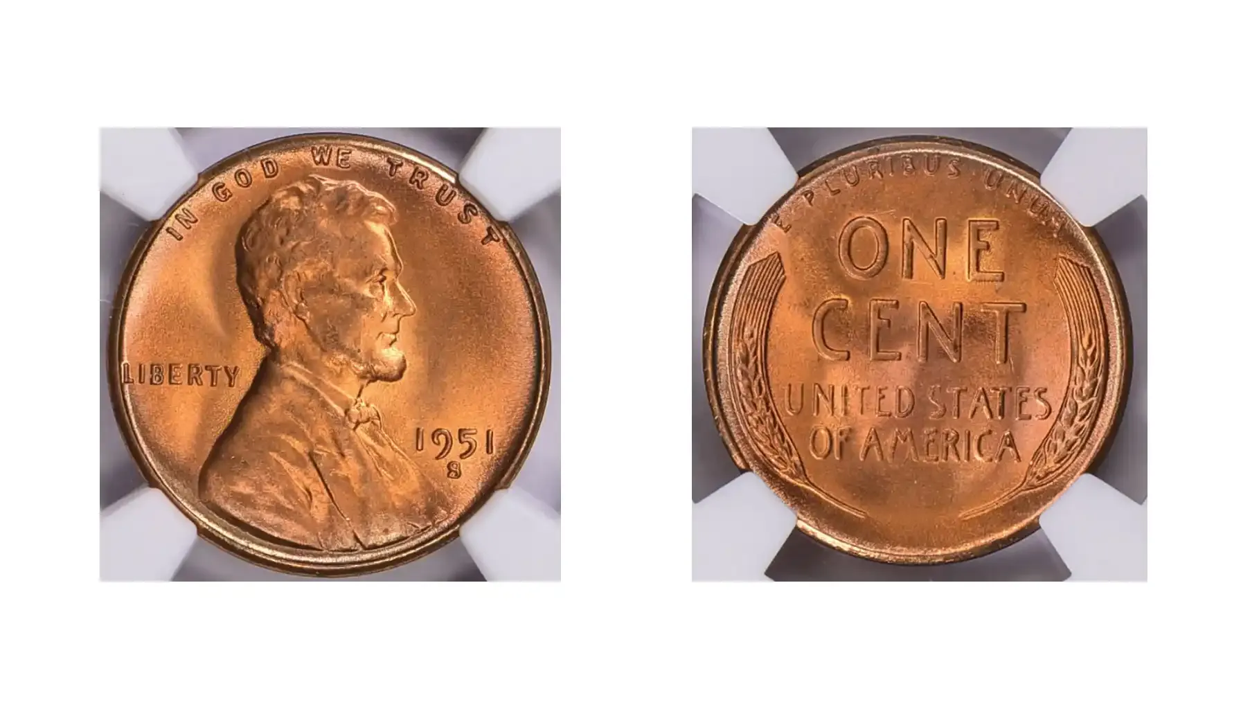 A picture of a 1951-S Lincoln Cent graded NGC MS-68, showcasing the coin’s flawless surfaces, sharp details, and lustrous finish, indicating a high-grade mint state.