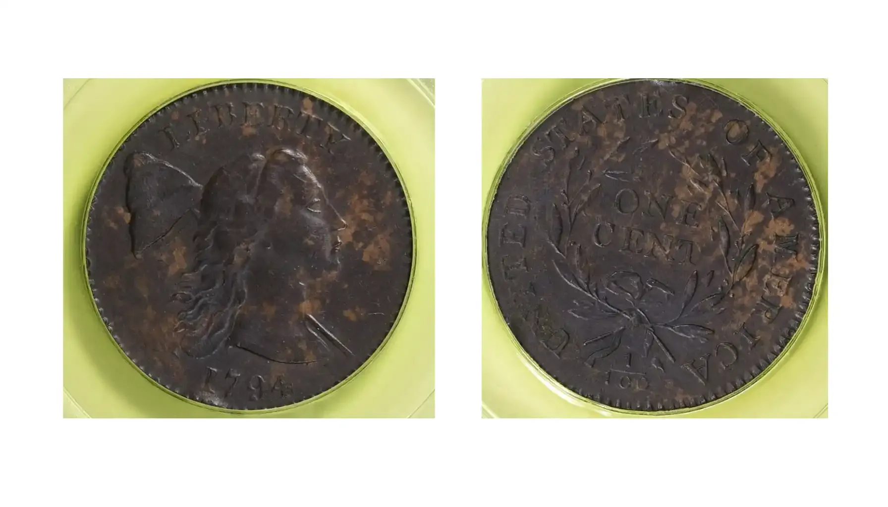 A picture of a 1794 Liberty Cap Cent with the Head of 1793, featuring the distinct obverse design of the earlier year on a later-dated coin.