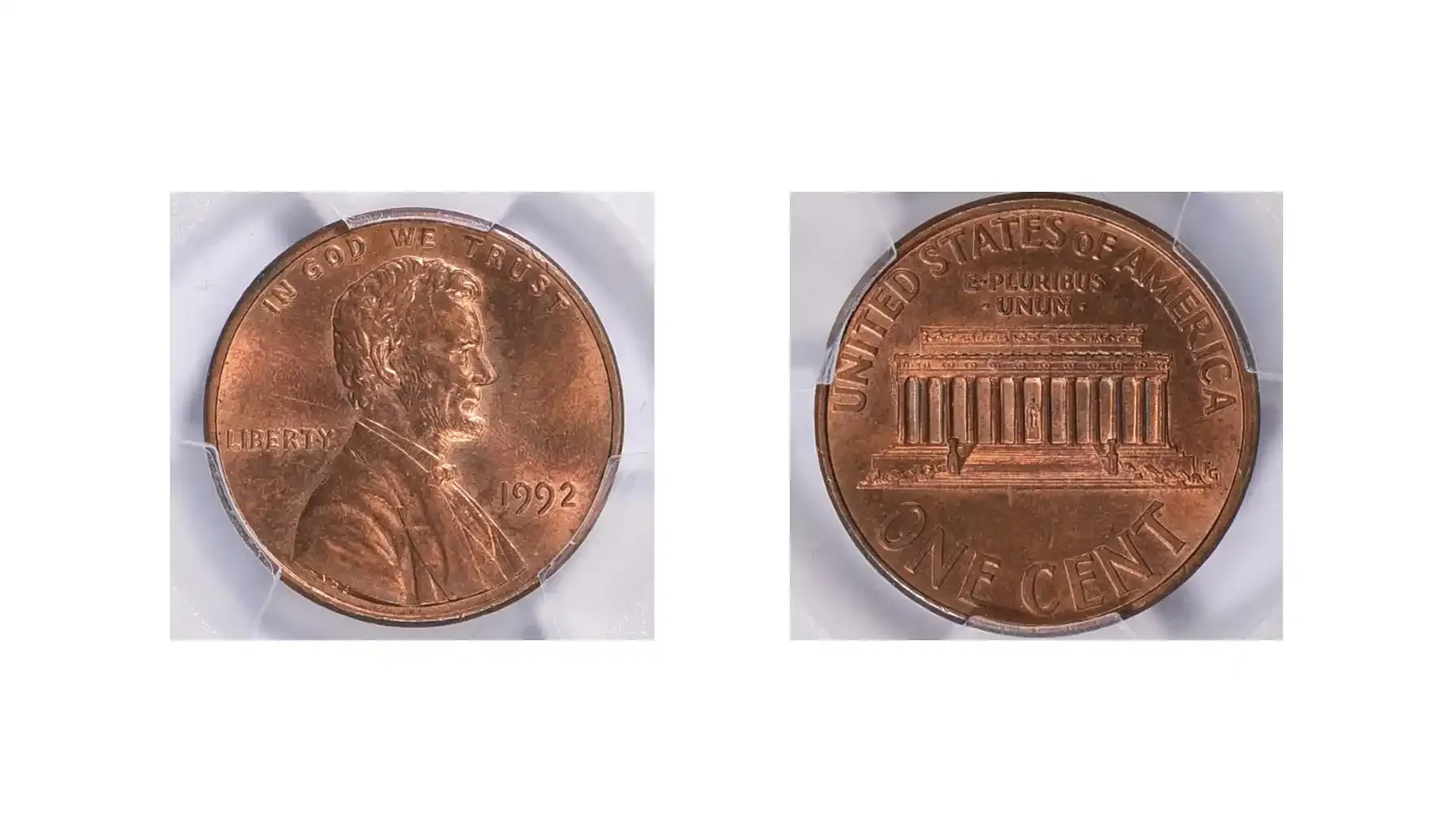 A picture of a 1992 Lincoln Cent with the close AM variety, showing the closely spaced "A" and "M" in "AMERICA" on the reverse.