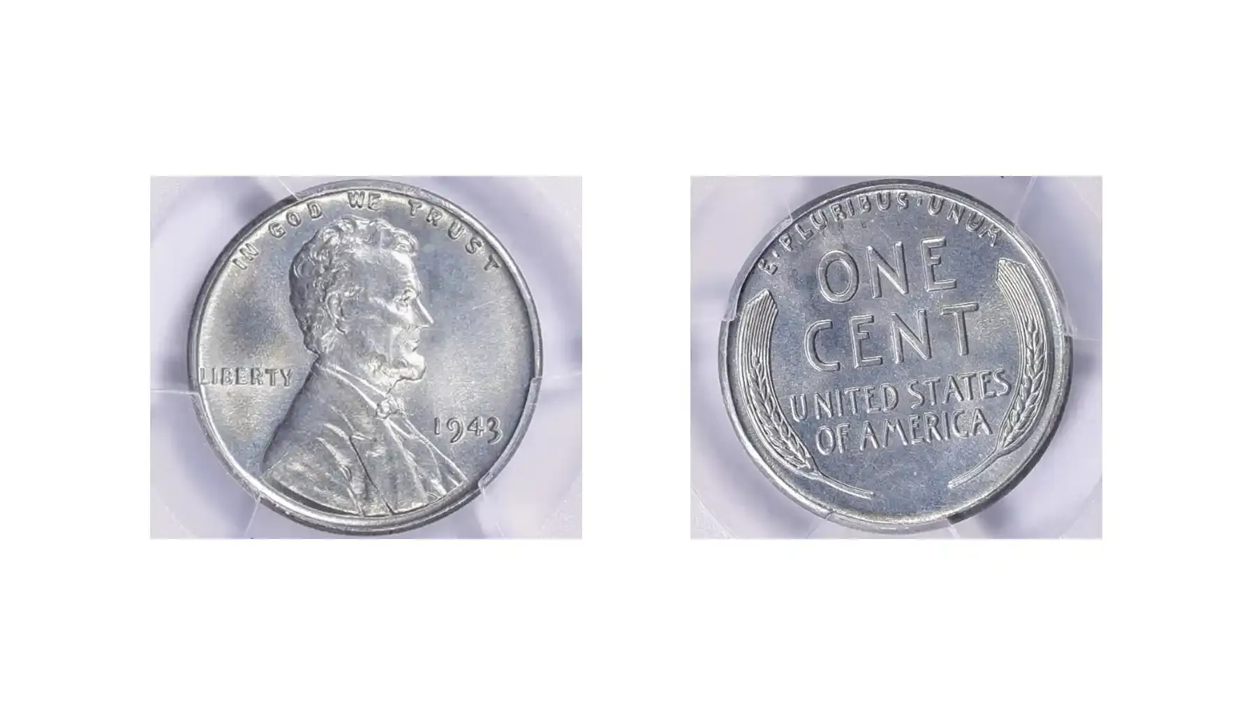 A picture of a 1943 Lincoln Cent with a doubled die reverse, displaying a noticeable doubling of the inscriptions and details on the reverse side of the coin.