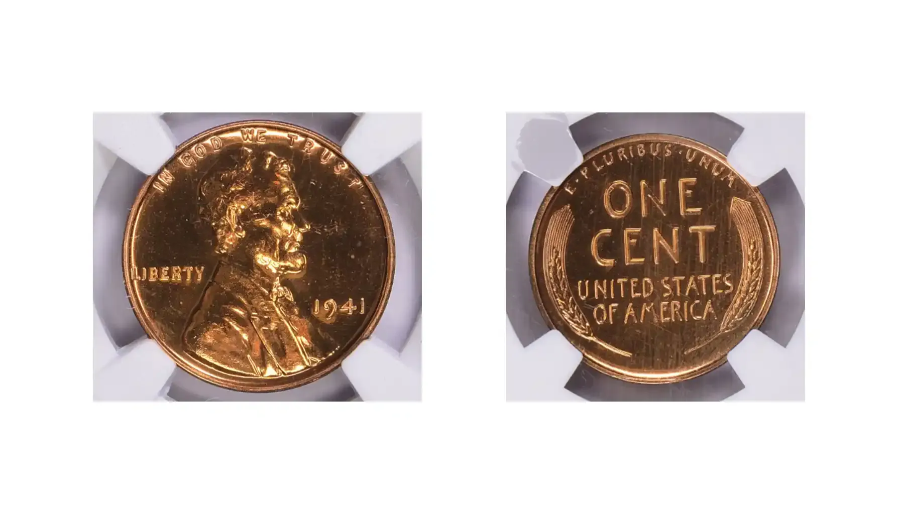 A picture of a 1941 Lincoln Cent graded NGC Proof-67, displaying the coin's high-quality finish with mirror-like surfaces and sharp, well-defined details.