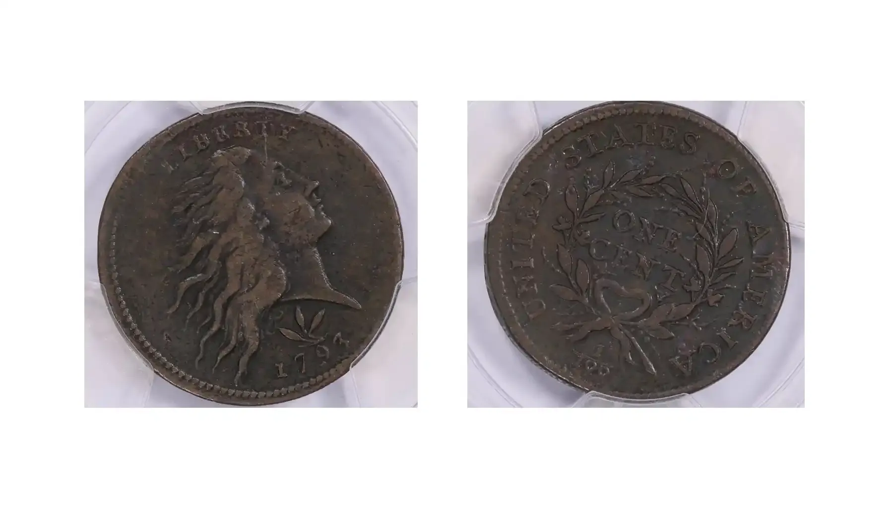 A picture of a 1793 Wreath Cent Vine and Bars, featuring the distinctive vine and bars design on the reverse, with a large "1 C" in the center and a wreath surrounding it.