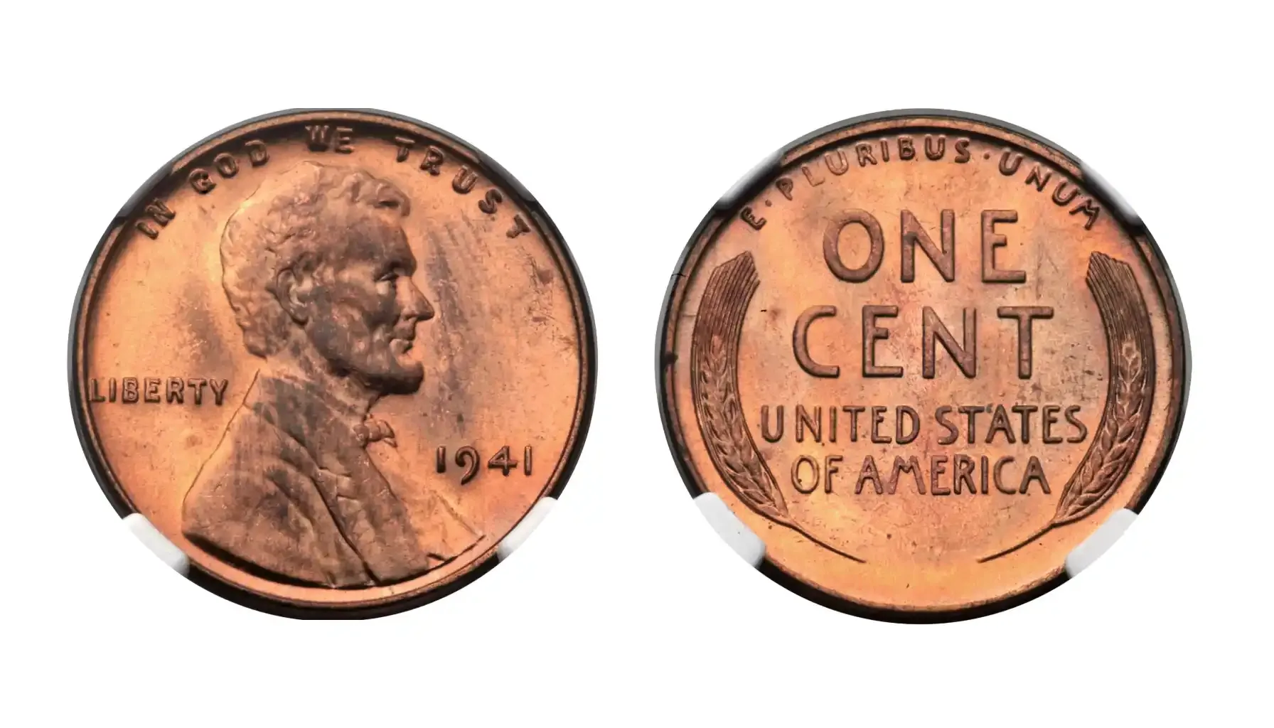 A picture of a 1941 Lincoln Wheat Penny with a Doubled Die Obverse, showing a noticeable doubling in its design.