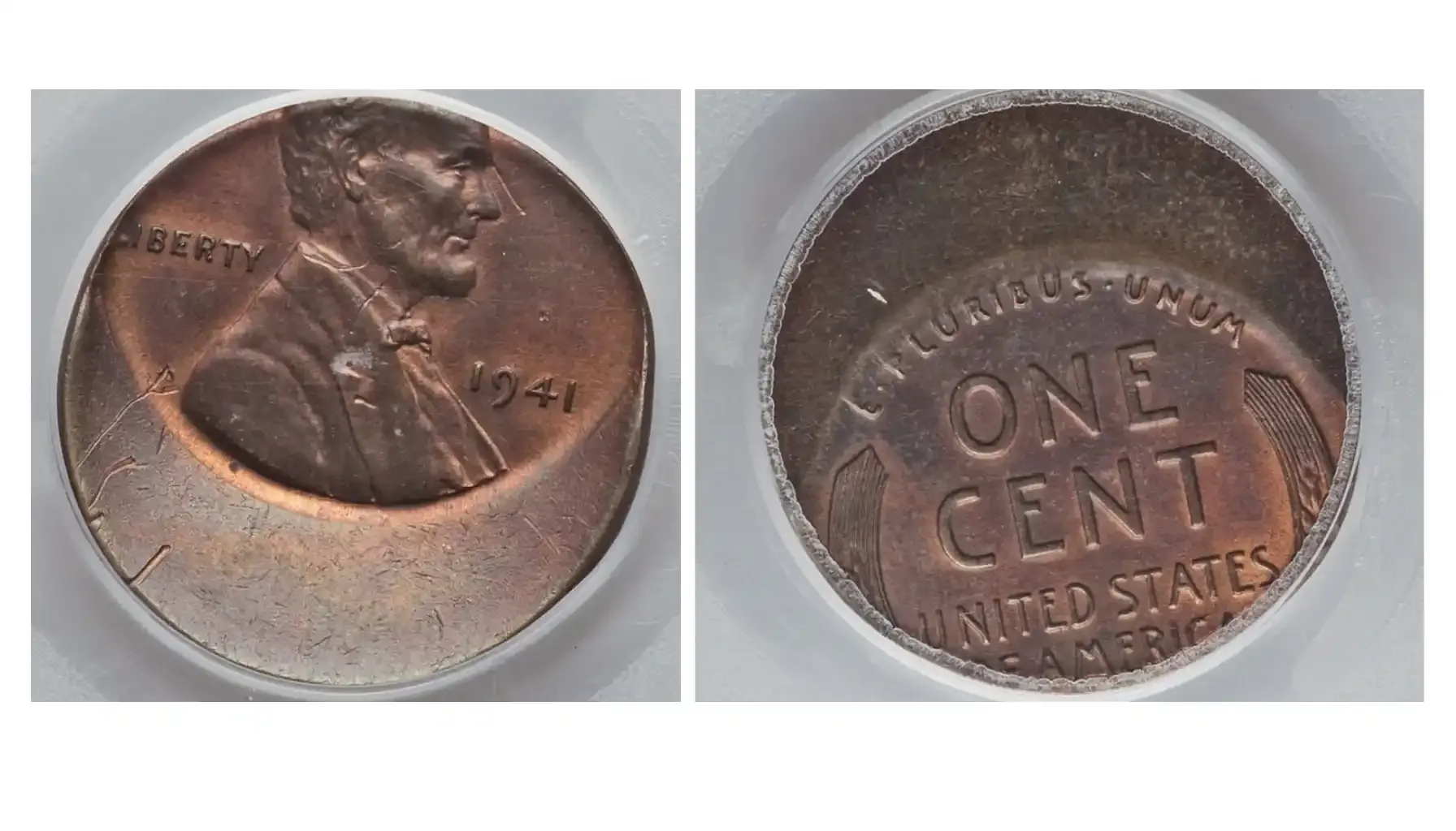 A picture of a 1941 Lincoln Wheat Penny struck 30% off-center, displaying a misaligned design with part of the coin’s surface left blank.