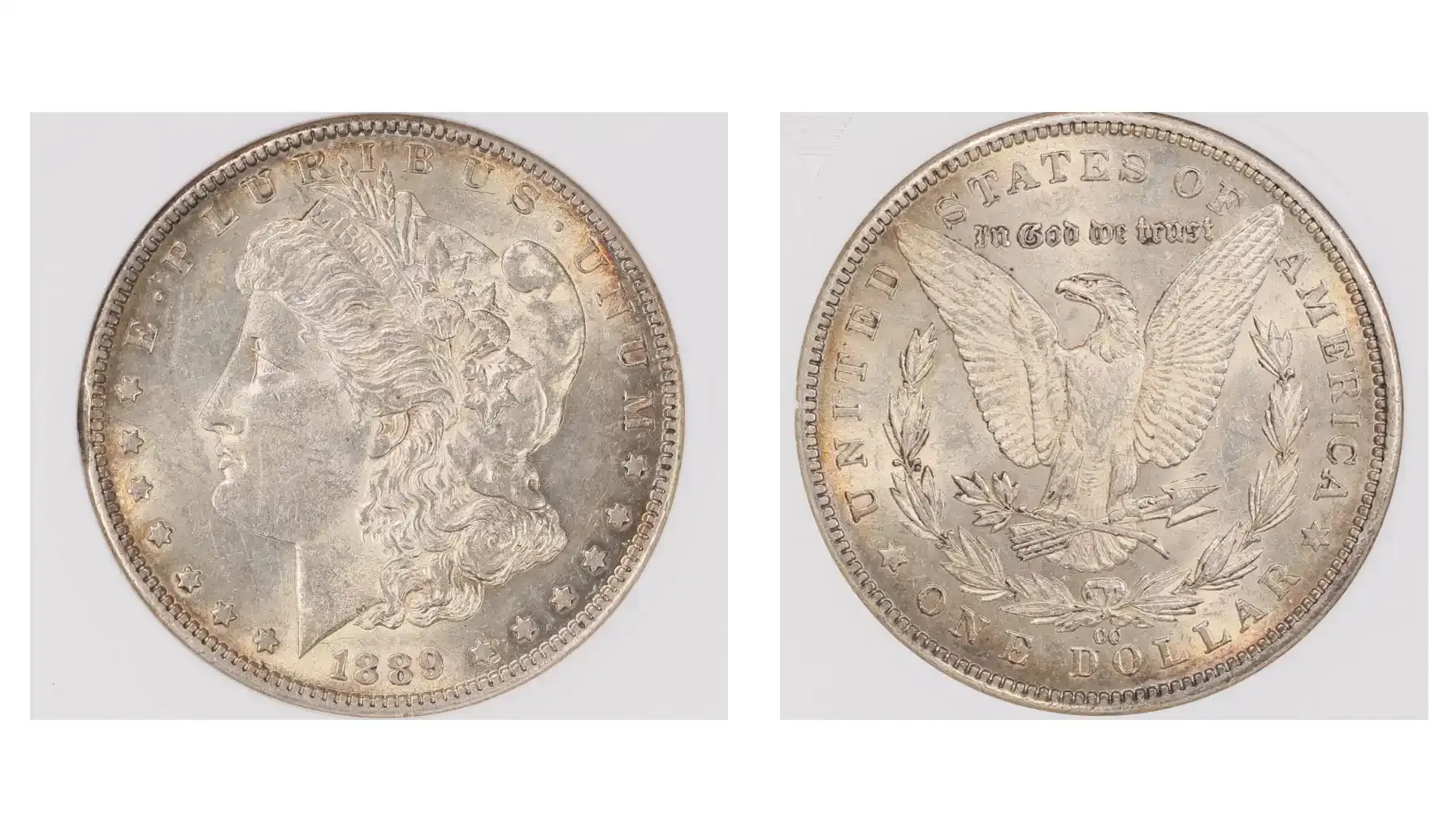 A picture of an 1889-CC Morgan silver dollar coin in AU-58 (Almost Uncirculated) condition, showcasing minimal wear with sharp details.