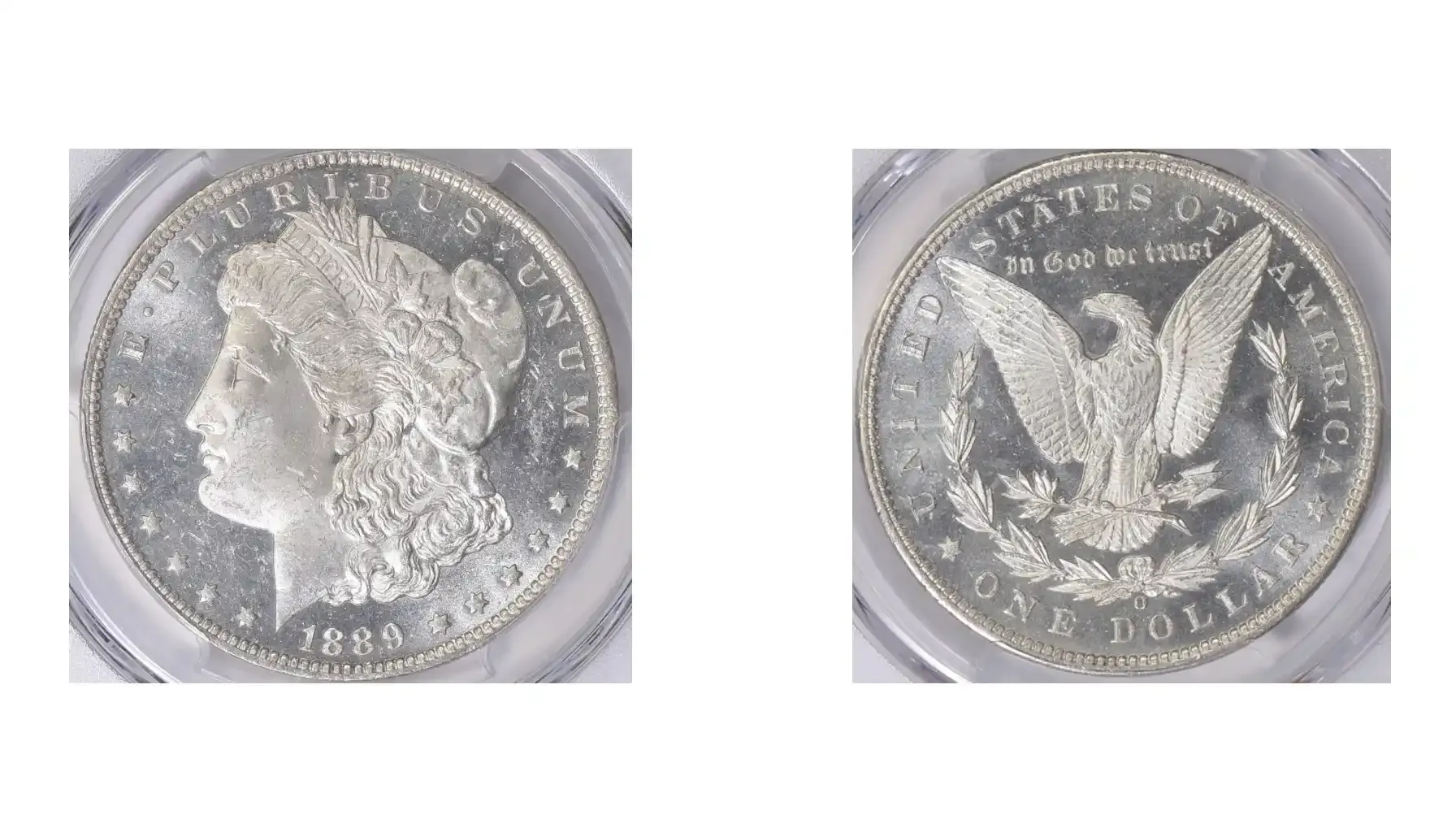 A picture of an 1889-O Morgan silver dollar coin graded PCGS MS-63 DMPL (Deep Mirror Prooflike), displaying high-quality details with a reflective, mirror-like finish.