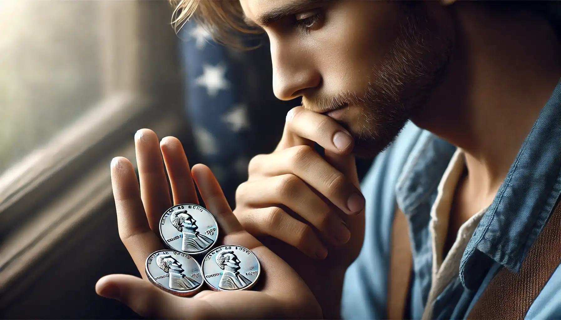 A picture of an American person holding a few commemorative dollar coins in their hand, examining them thoughtfully.