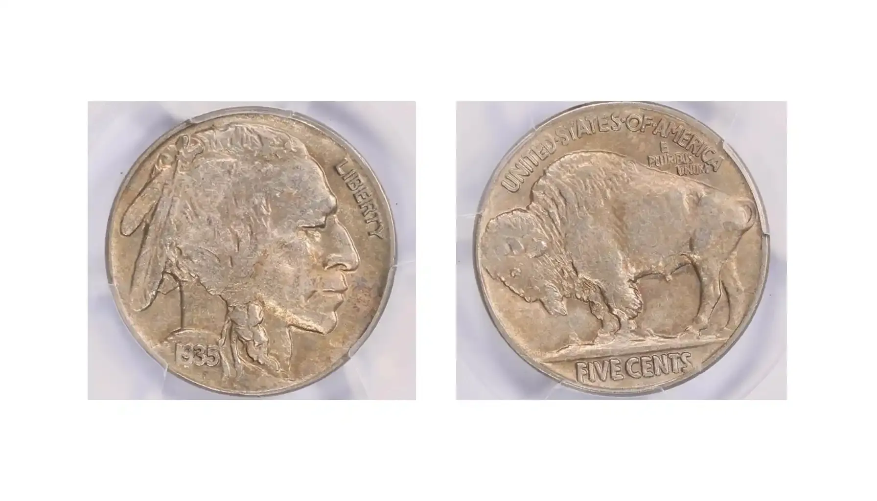 A picture of a 1935 Buffalo Nickel Doubled Die Reverse, highlighting the doubling on the reverse side