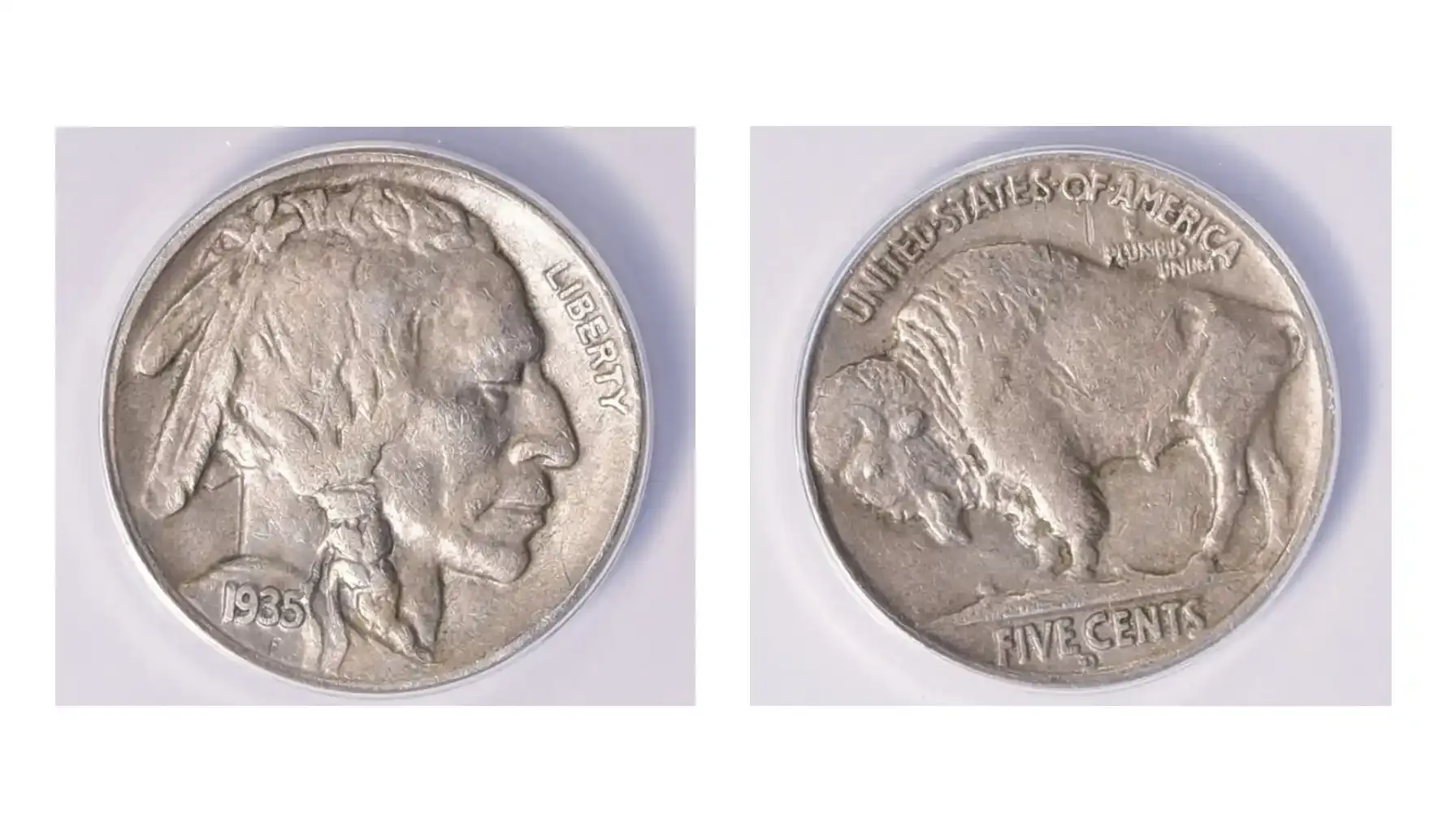 A picture of a 1935 Buffalo Nickel RPM-2, featuring a repunched mint mark visible under magnification