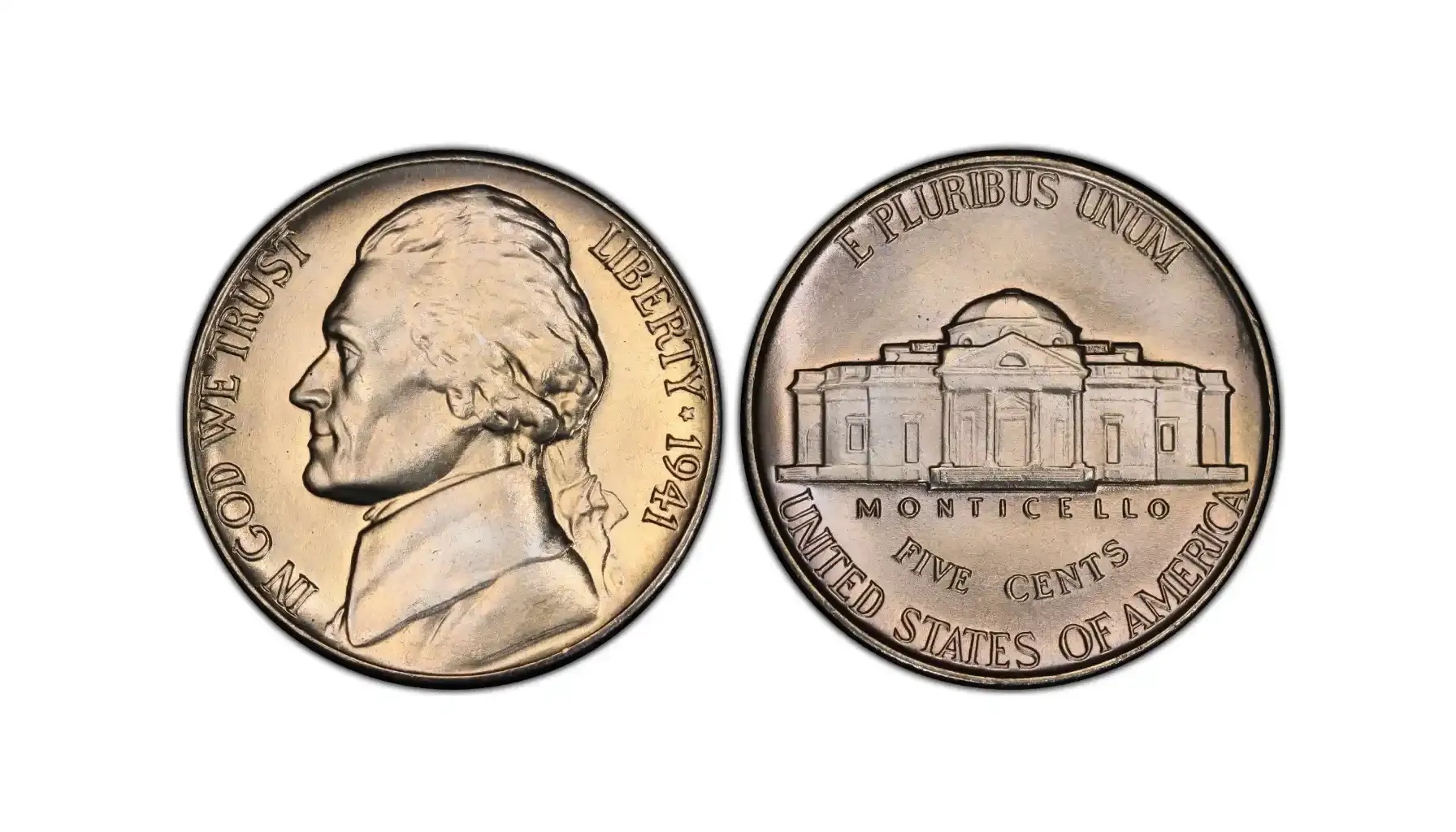 A picture of a 1941 Jefferson nickel from the Philadelphia mint.