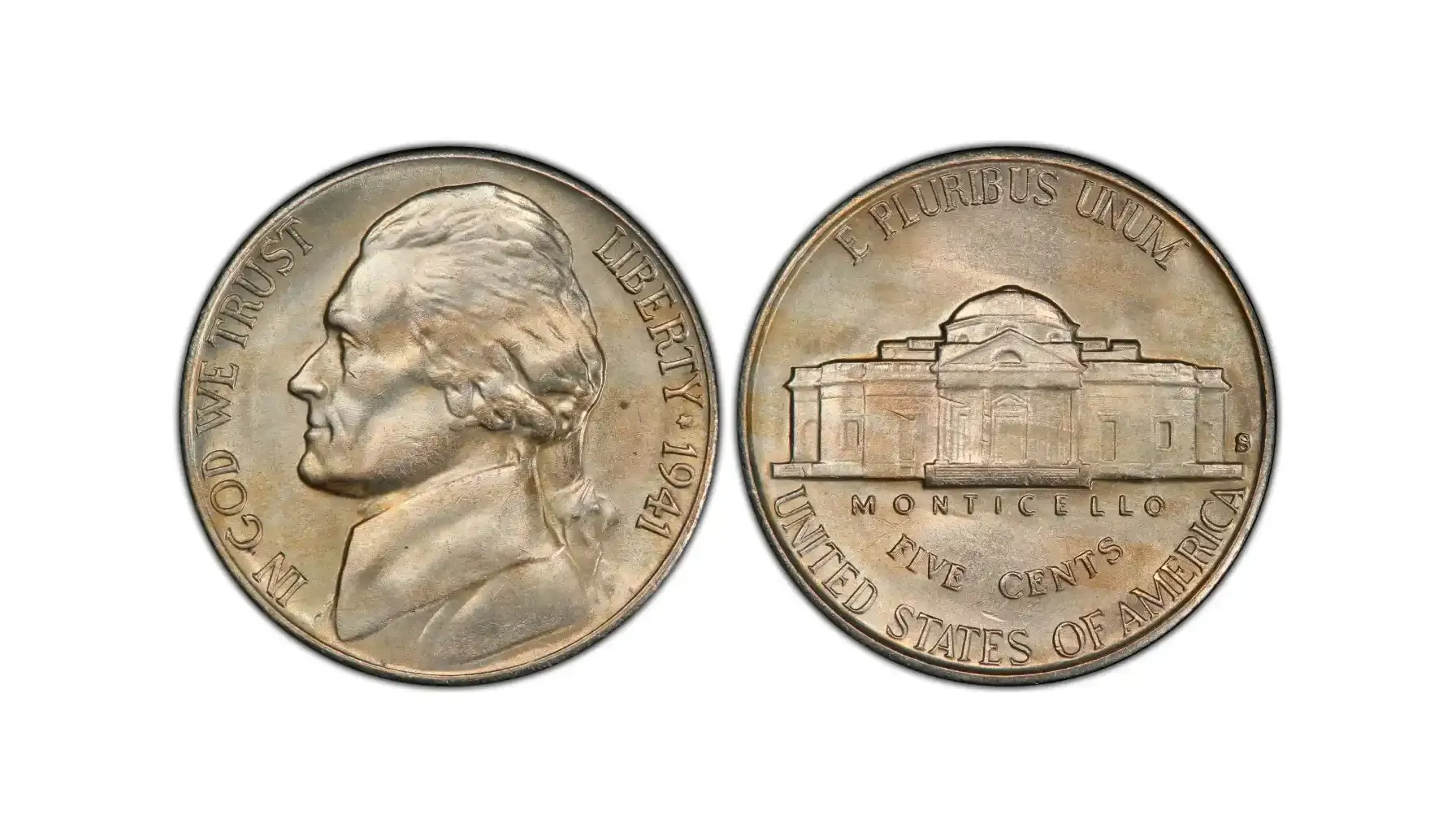 A picture of a 1941-S/S nickel featuring a prominent large "S" mintmark and showcasing its unique reverse die variety.