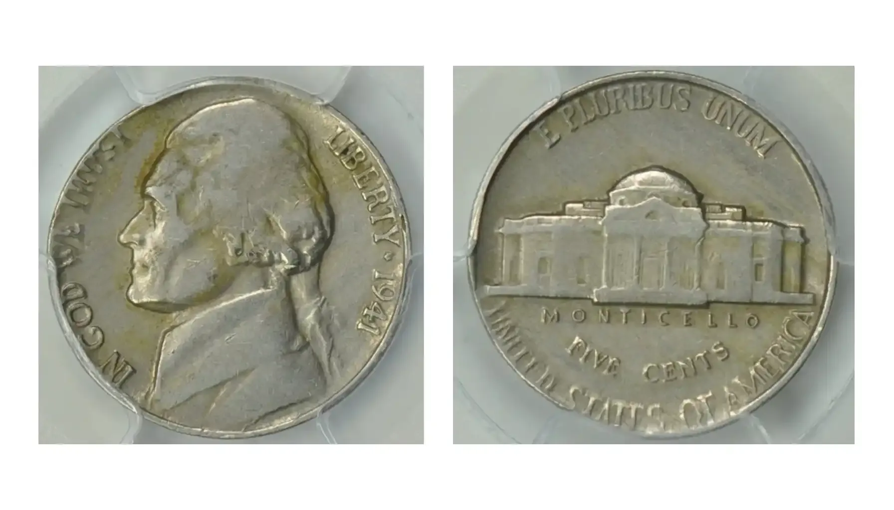 A picture of a 1941 Jefferson nickel struck on an elliptical clip planchet, resulting in a mint error.