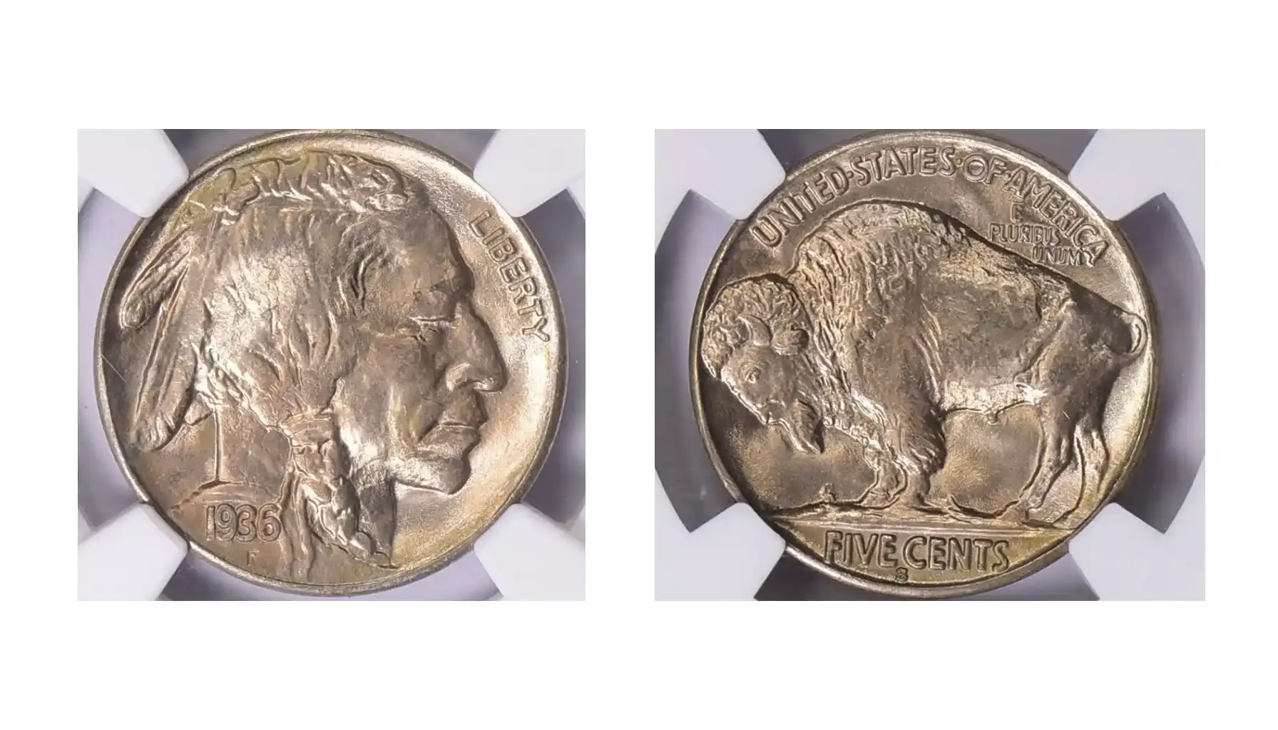 A picture of a 1936-S/S Buffalo Nickel VP-002, graded NGC MS-67, showcasing a well-struck coin with a noticeable mint mark overstrike.