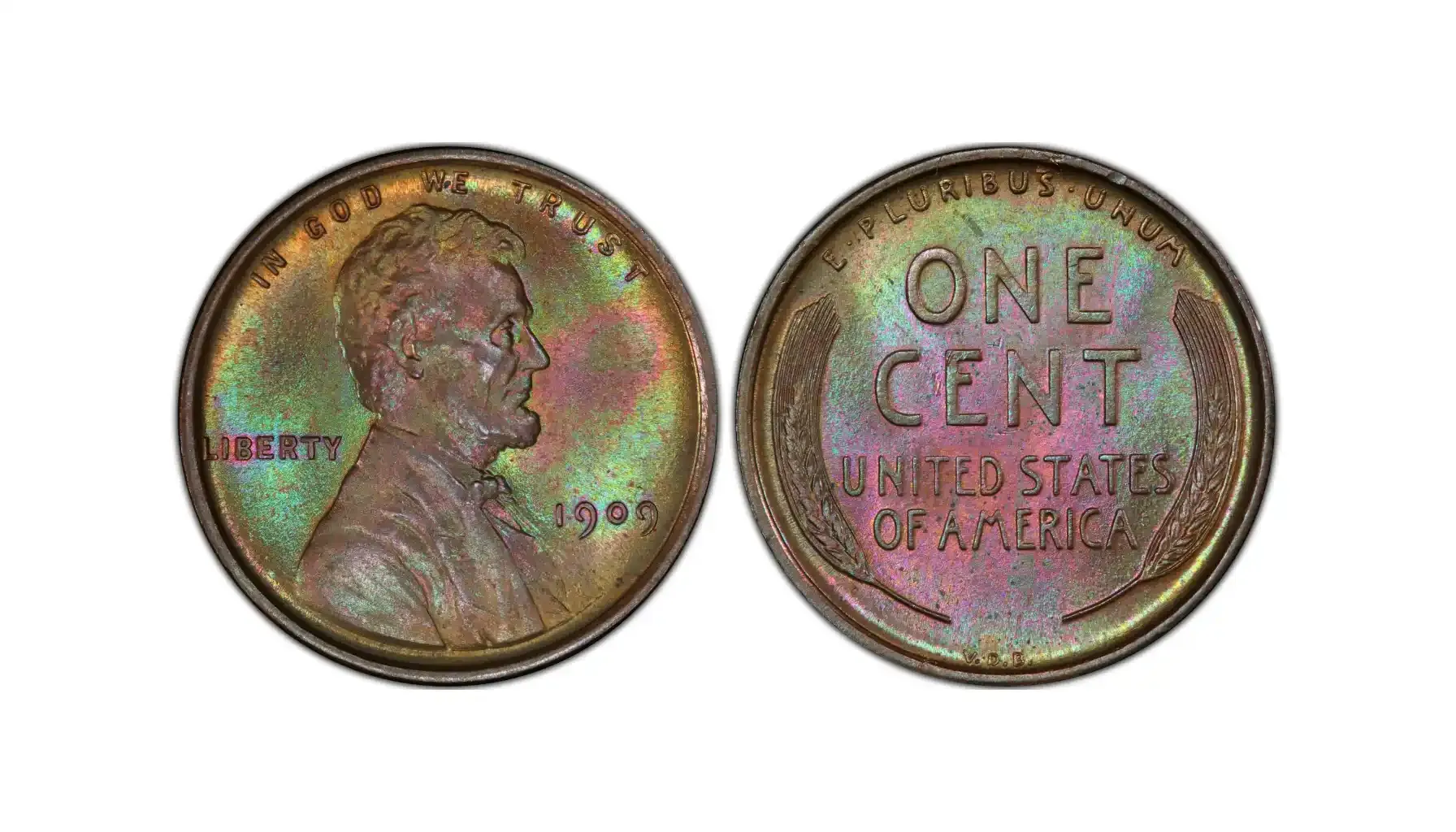 A picture of a 1909 VDB Lincoln cent in brown (BN) with a regular strike, featuring the V.D.B. initials on the reverse.