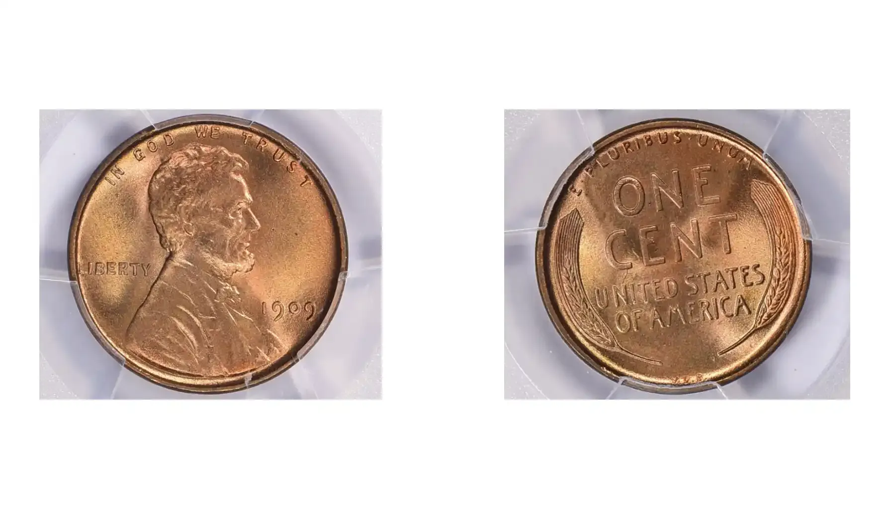 A picture of a 1909 VDB Lincoln cent with a doubled die obverse in red, graded PCGS MS-66+.