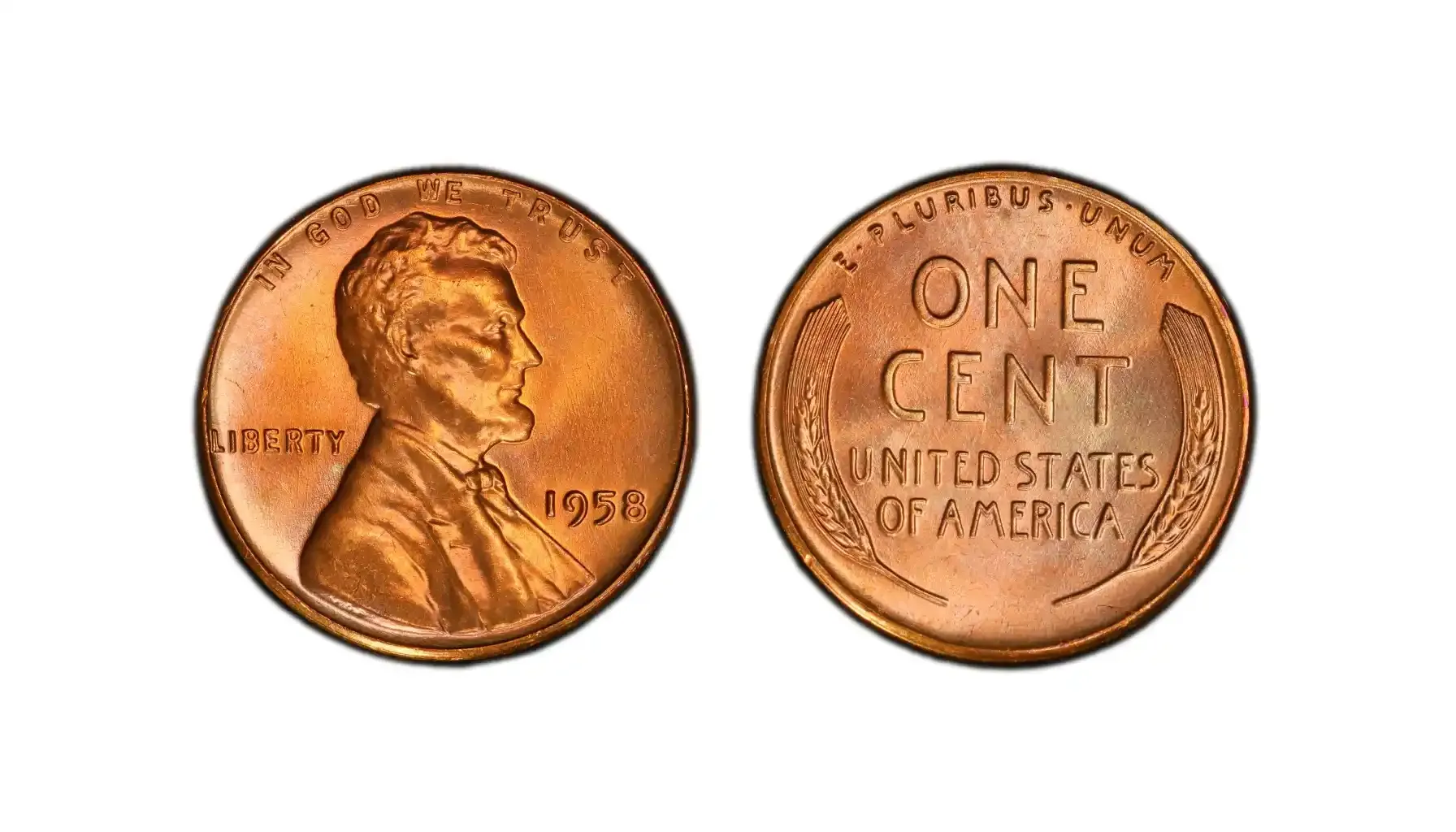 A picture of a 1958 Lincoln wheat penny with a red (RD) luster, showcasing Lincoln’s profile on the obverse and wheat stalks on the reverse.