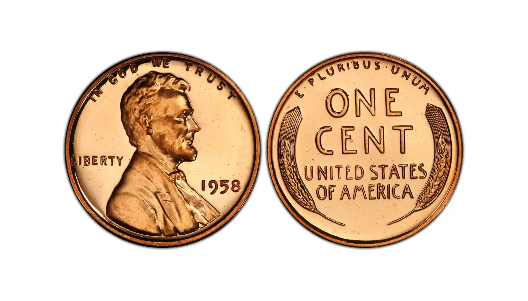 A picture of a 1958 Lincoln wheat penny in Deep Cameo (DCAM) proof condition, with sharply frosted design elements contrasting against mirrored fields.