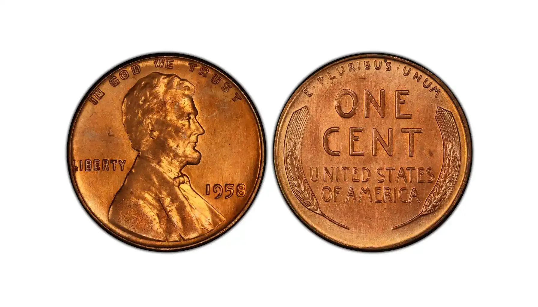 A picture of a 1958 Lincoln wheat penny with a Doubled Die Obverse (DDO) error in red (RD) condition.