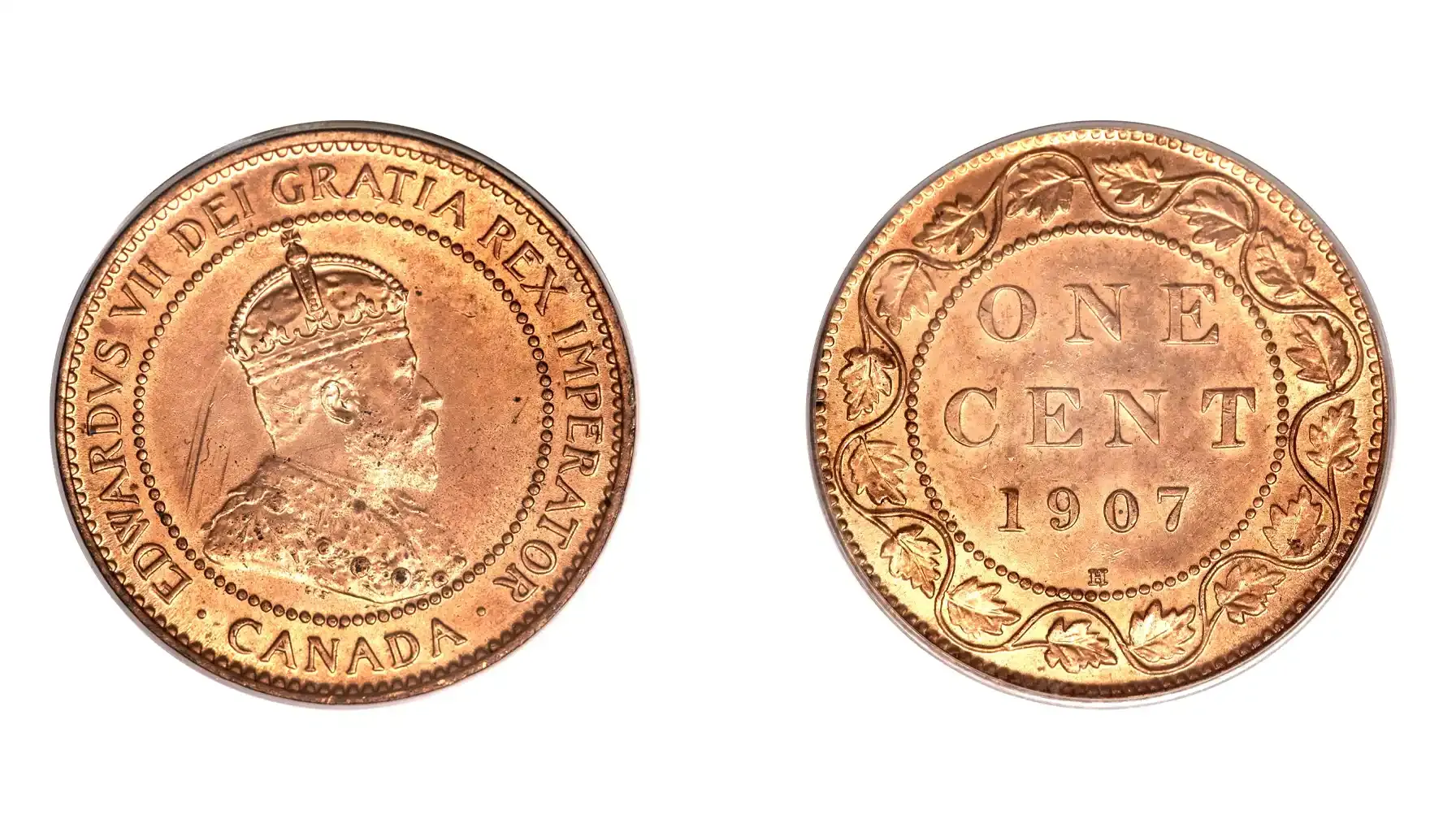 A picture of a 1 Canadian penny featuring King Edward VII's portrait on the obverse and a maple wreath design on the reverse.