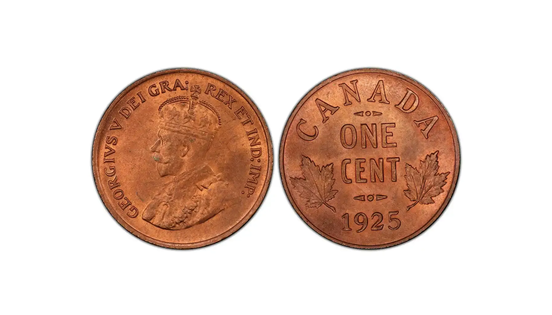 A picture of the rare 1925 Canada Cent, featuring King George V's portrait on the obverse and a maple wreath design on the reverse.