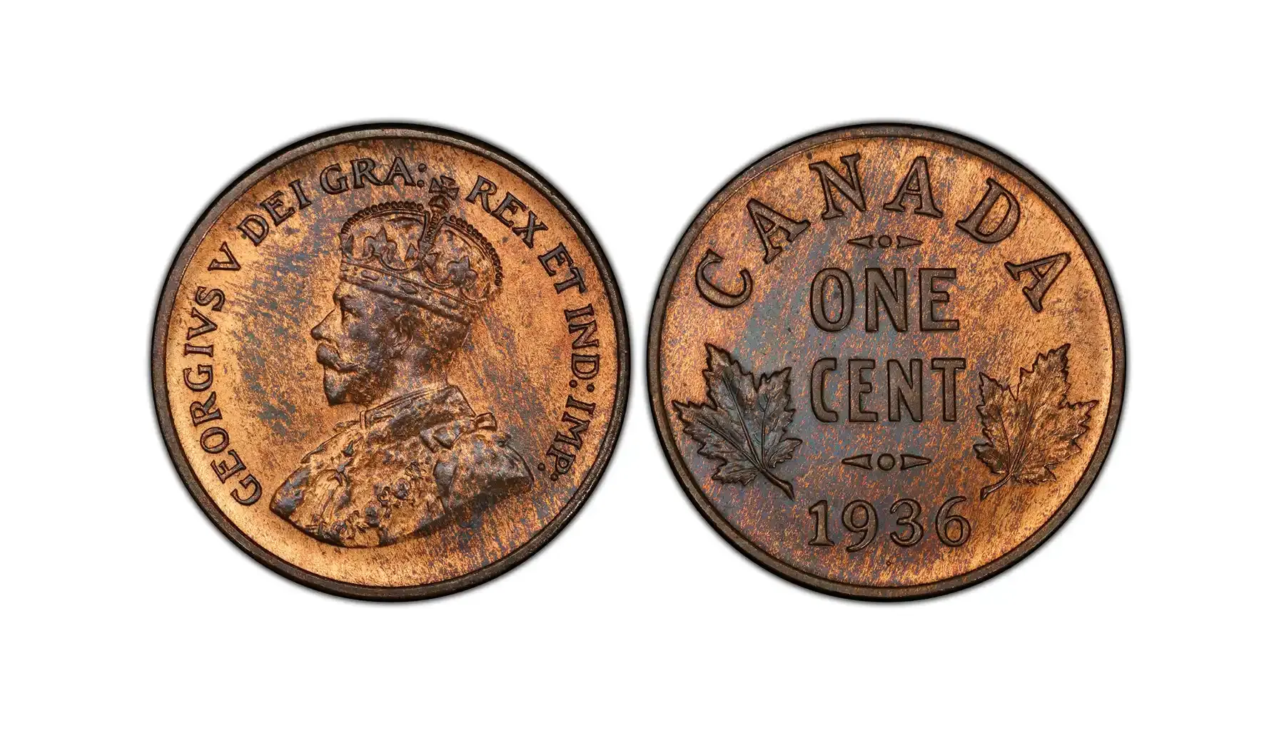 A picture of the rare Canadian 1936 Dot Cent, featuring King George V's portrait on the obverse with a small dot beneath the date