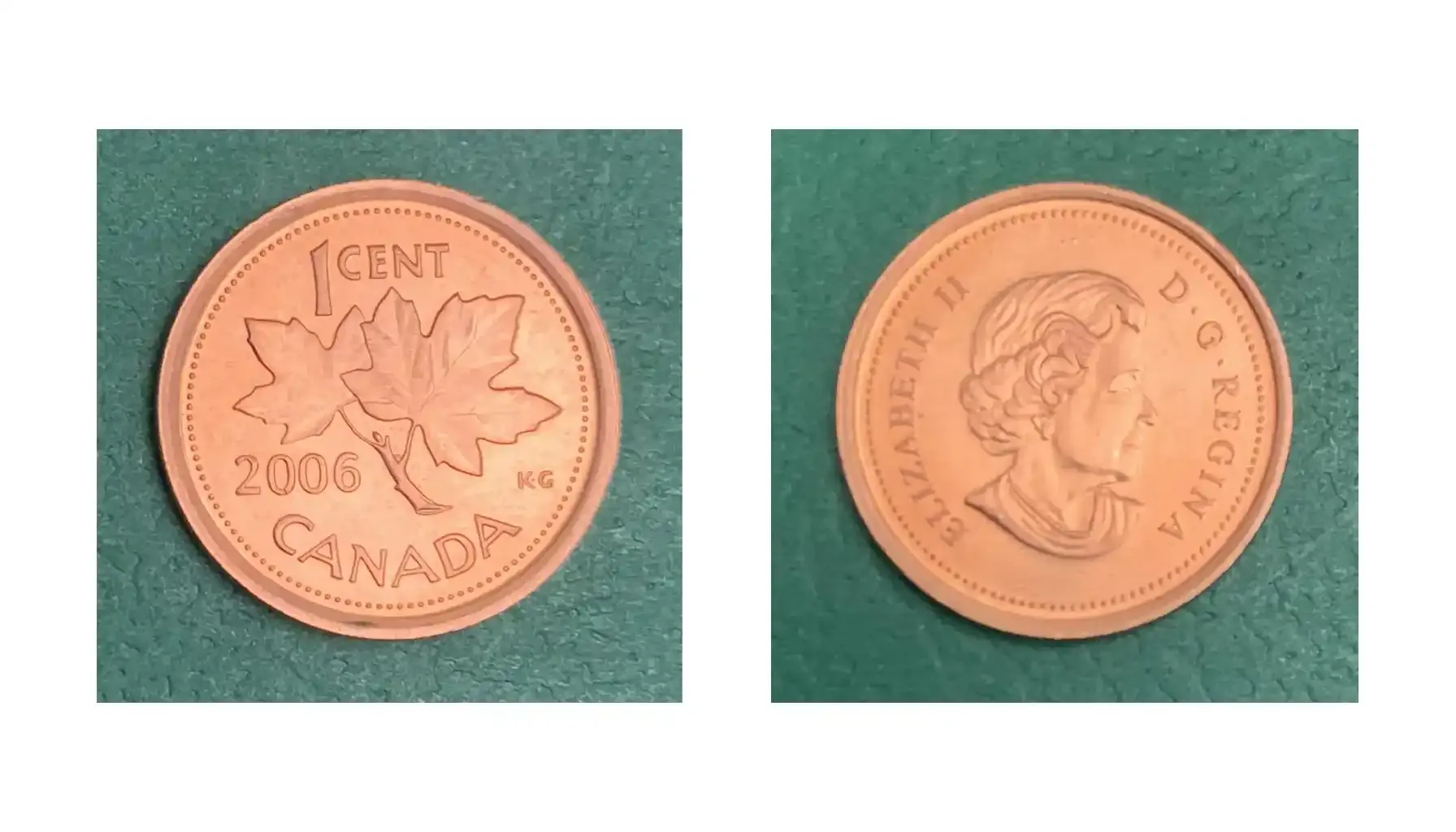 A picture of the Canada 2006 No P No RCM No Logo Non-Magnetic Cent, featuring Queen Elizabeth II’s portrait on the obverse and a maple leaf design on the reverse, with no mint mark or logo.