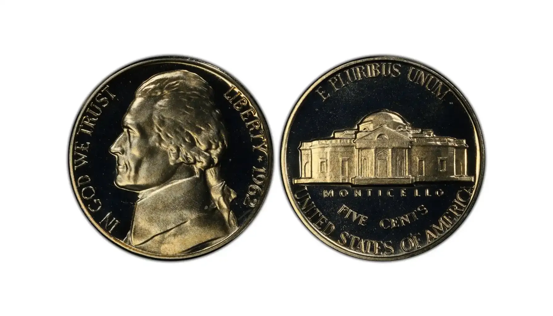 A picture of a 1962 5C Jefferson Nickel in Deep Cameo (DCAM) Proof condition.