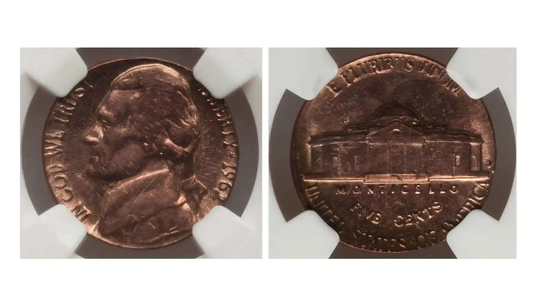 A picture of a 1962-D 5C Jefferson Nickel overstruck on a 1962-D Lincoln Cent.