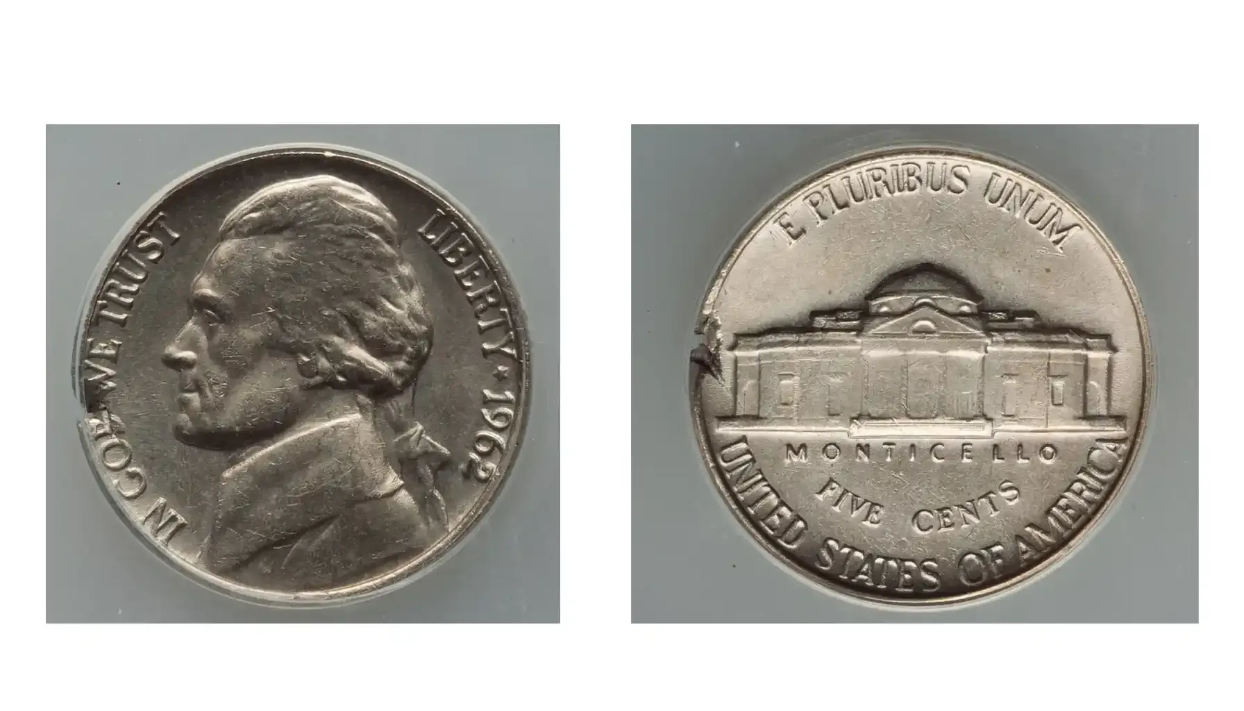 A picture of a 1962 5C Jefferson Nickel struck on a defective blank.