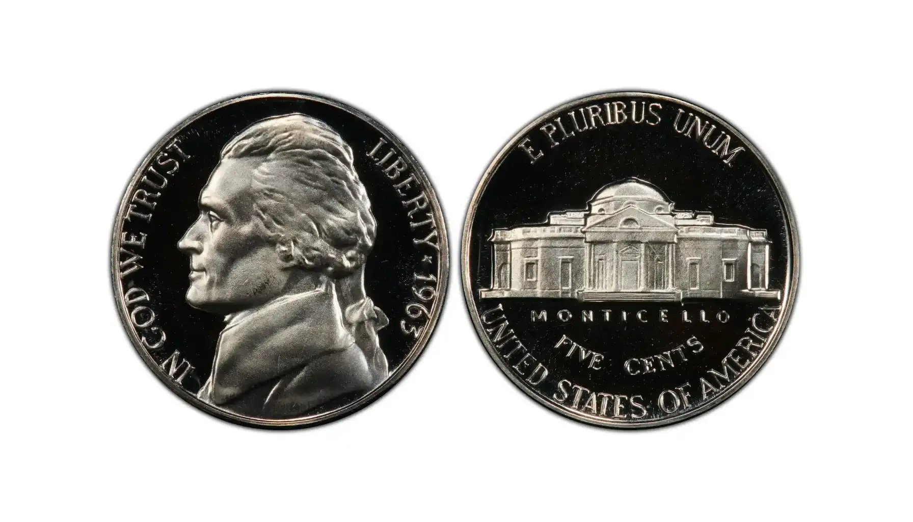 A picture of a 1963 Jefferson Proof nickel with Deep Cameo (DCAM) designation.