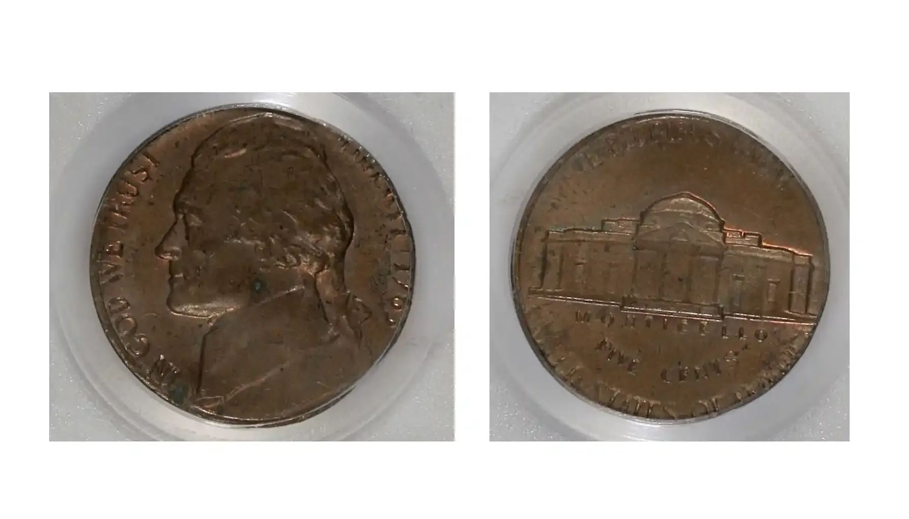 A picture of a 1963 Jefferson nickel struck on a cent planchet, highlighting the mint error.