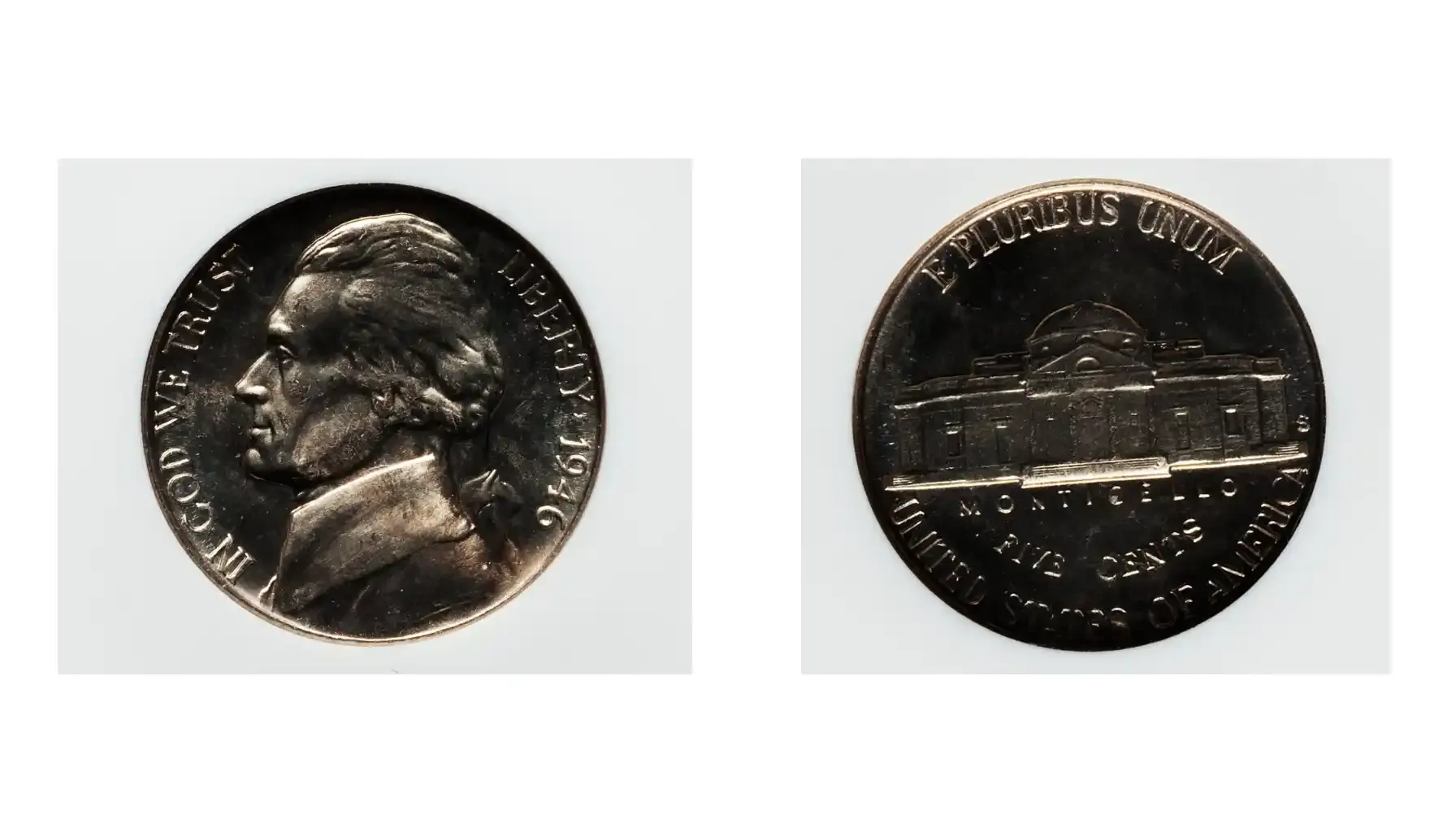 A picture of a 1946-S Jefferson nickel graded MS66 Prooflike, displaying mirrored fields and sharp details.