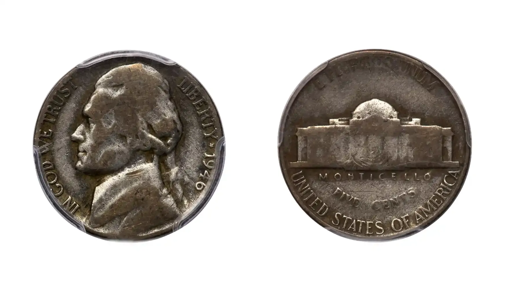 A picture of a 1946 Jefferson nickel struck on a wartime silver planchet with a distinct color and composition anomaly.