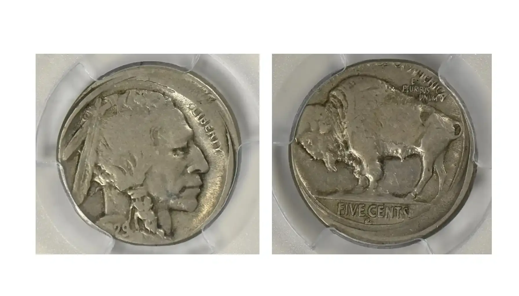 A picture of a 1929-S Buffalo Nickel struck 5% off-center.