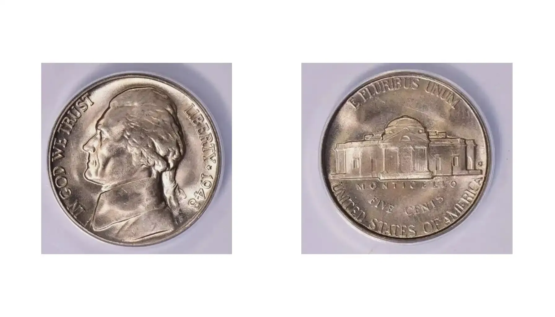 A picture of a 1948-D/D Jefferson nickel error, highlighting the repunched mint mark.