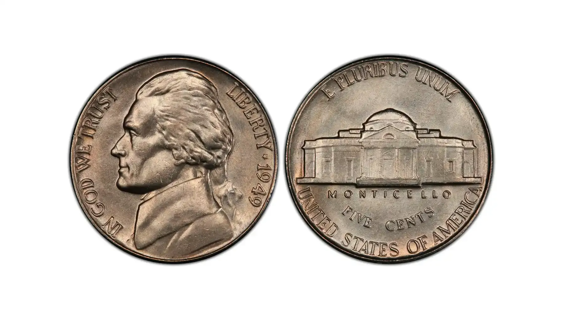 A picture of a 1949 Jefferson nickel with Full Steps details, showcasing a sharp strike on Monticello's steps.