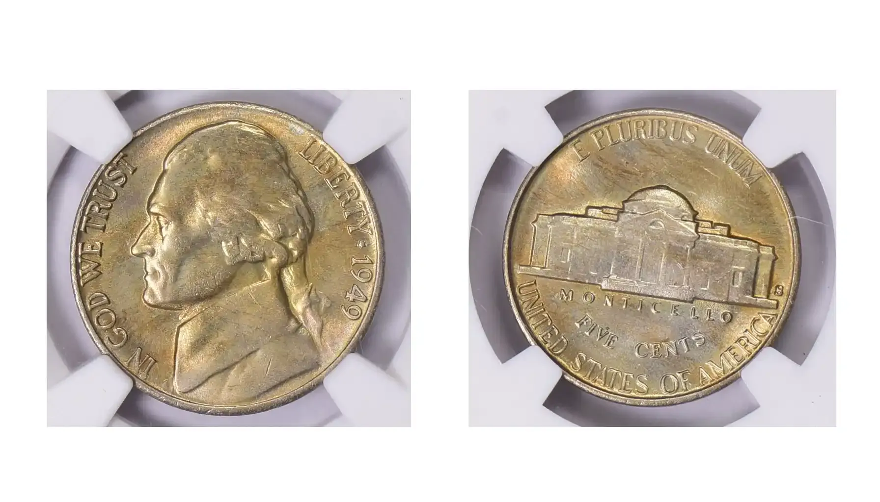 A picture of a 1949-S Jefferson nickel graded NGC MS-66, featuring attractive natural toning.