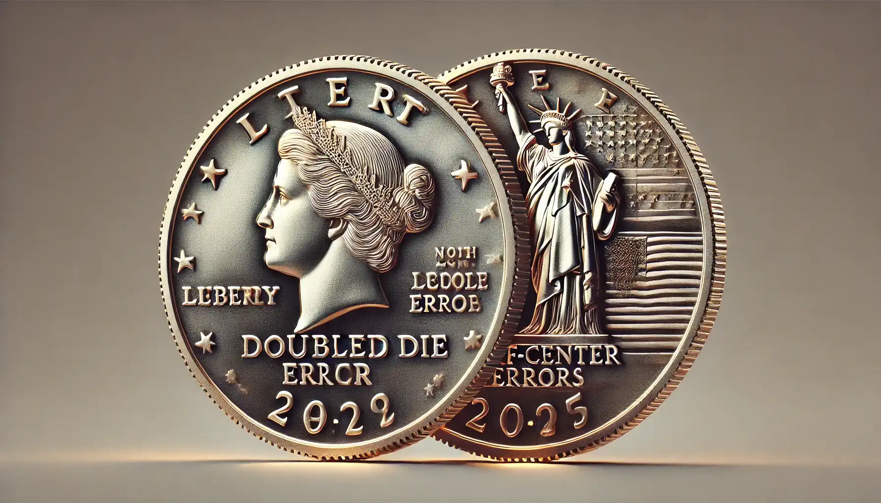 a picture showing doubled die and off-center penny errors on two different coins.