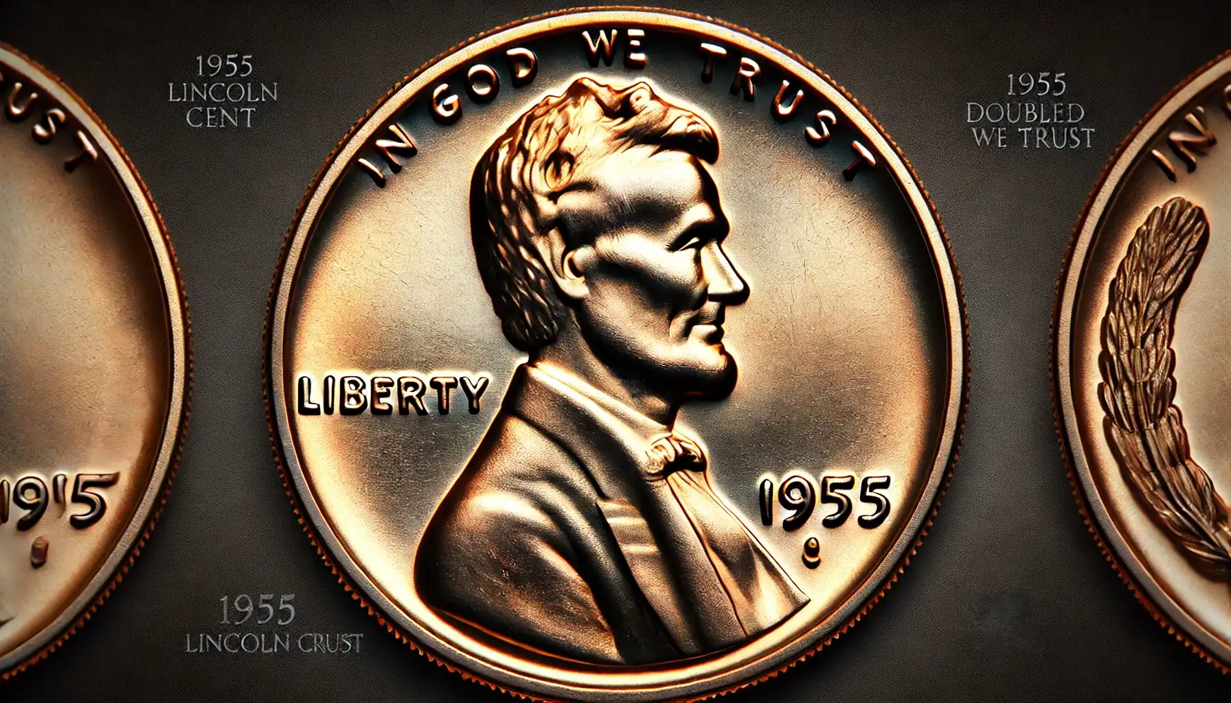 a picture with obverse and reverse of the 1955 Lincoln cent with the famous doubled die error. The picture should focus on the doubled inscriptions on the coin