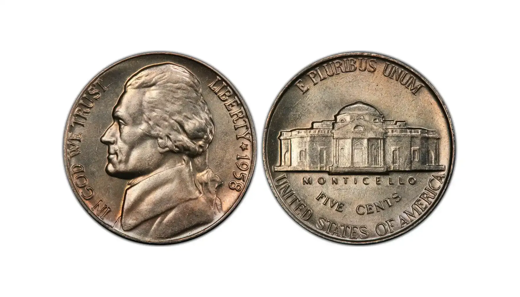 A picture of a 1958 Jefferson Nickel with the Full Steps (FS) designation, showcasing sharp, uninterrupted steps on the Monticello building.