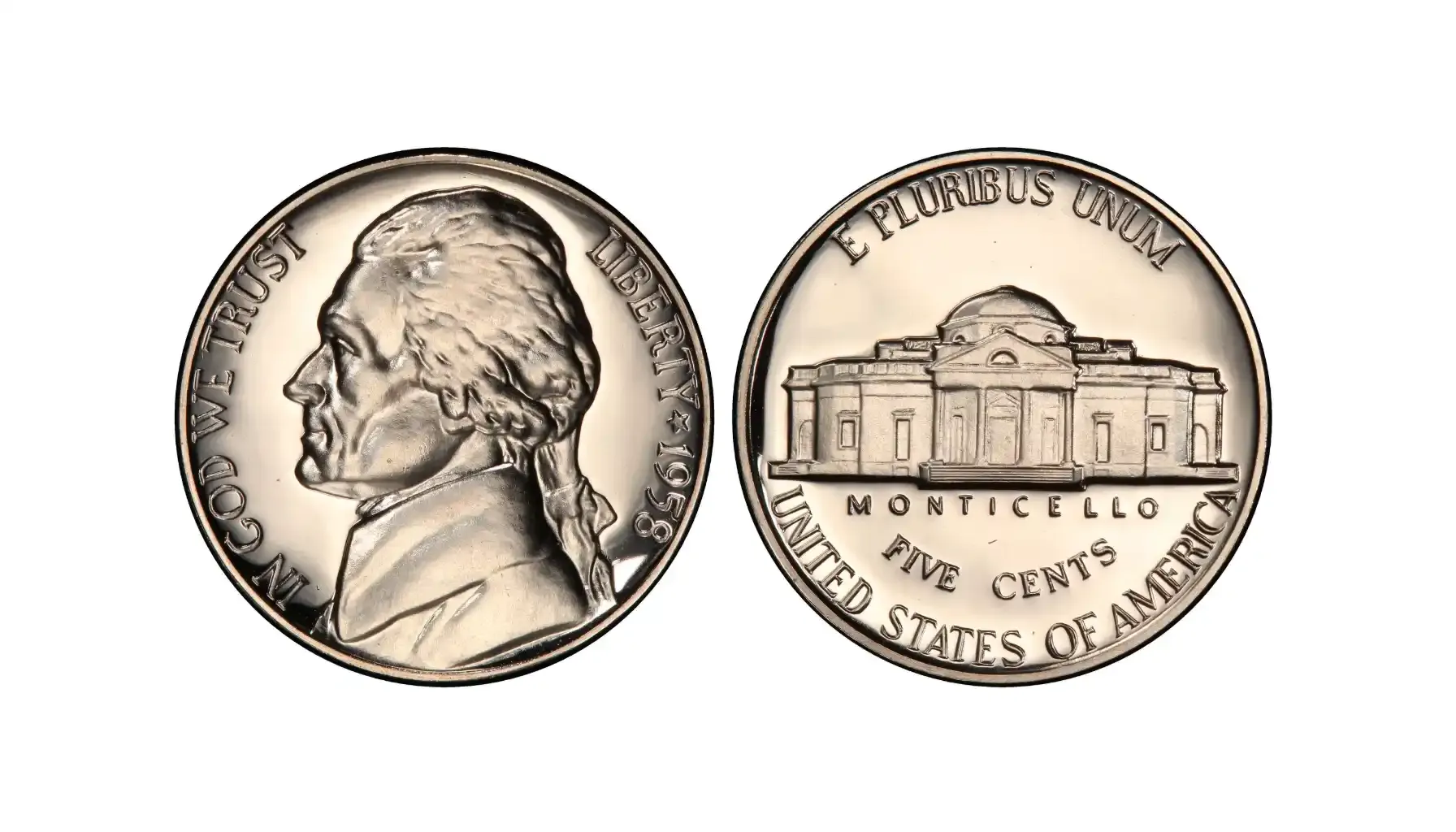 A picture of a 1958 Jefferson Nickel in Deep Cameo (DCAM) proof condition, featuring a mirror-like background and frosted design details.