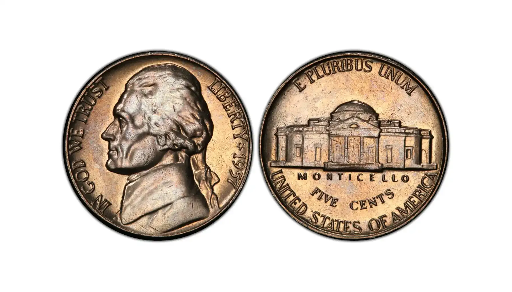 A picture of a 1957 Jefferson nickel with Full Steps (FS) designation, showcasing its sharp and detailed reverse.