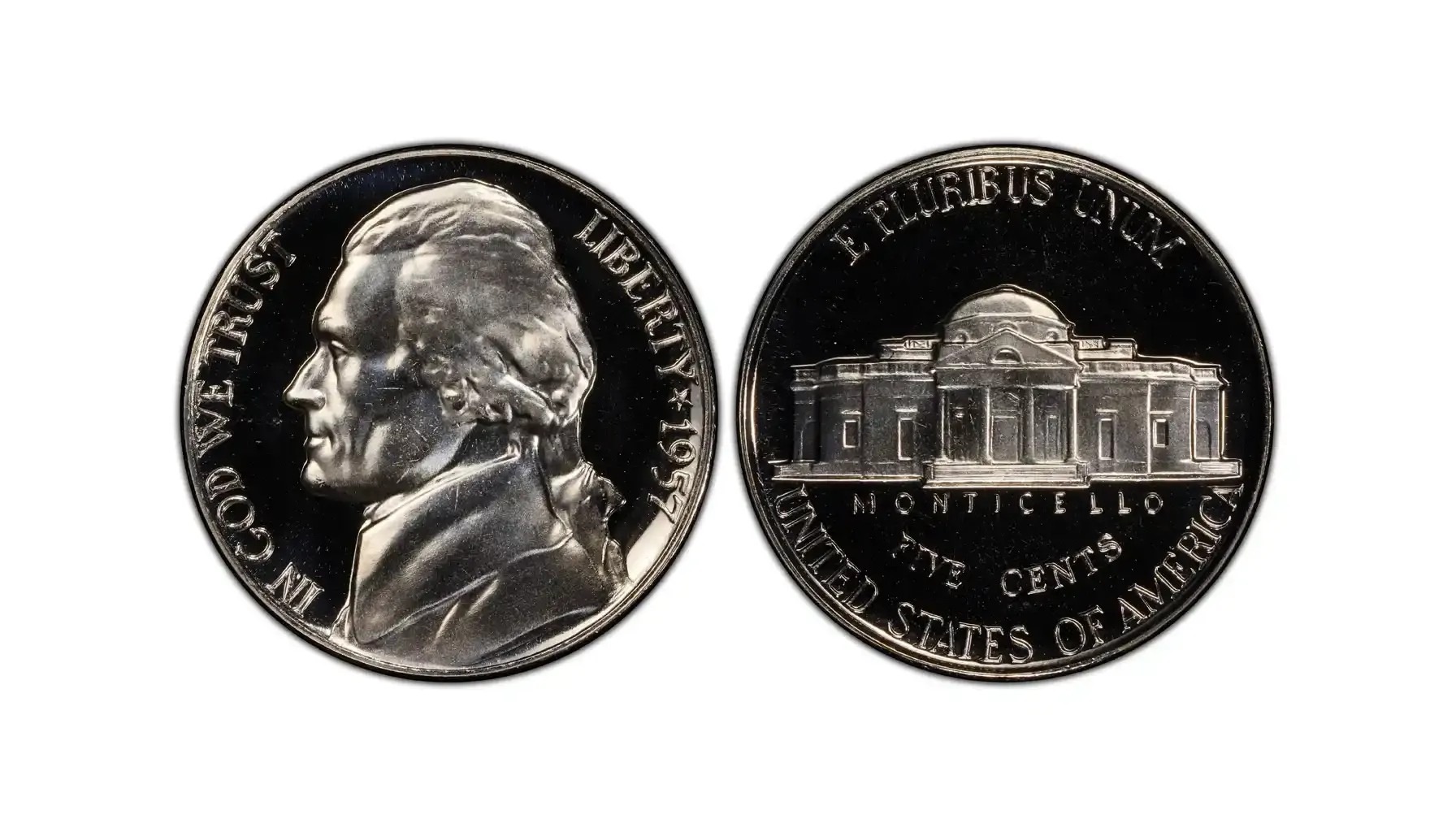 A picture of a 1957 Jefferson nickel with Deep Cameo (DCAM) finish, highlighting its frosted design and mirror-like background.